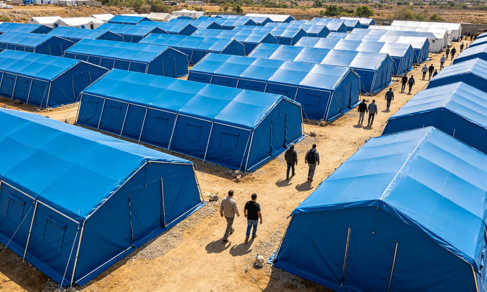 Aerial view of organized disaster relief camp with rows of emergency frame tents and support facilities