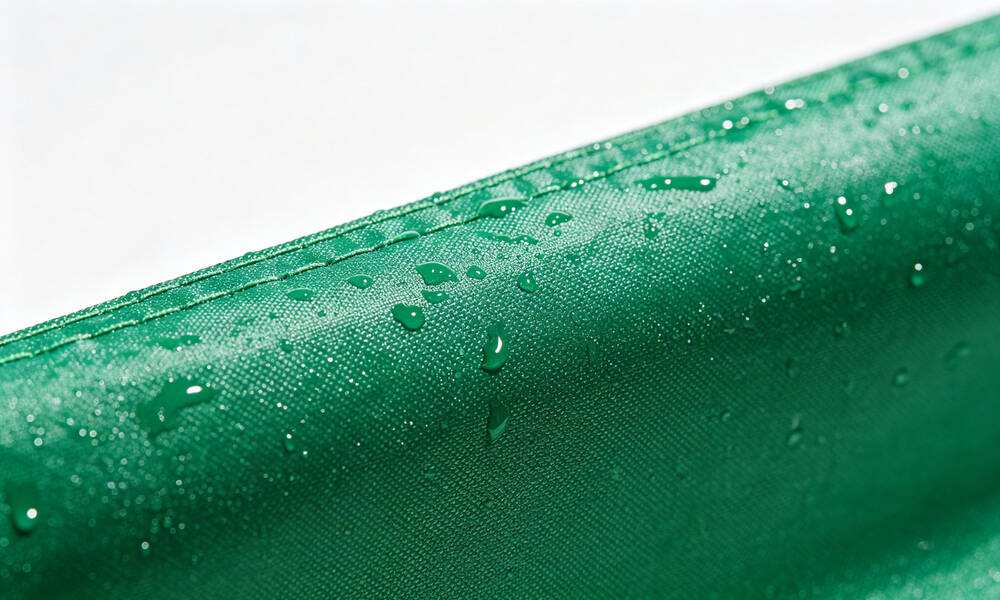 Close-up of heavy duty emergency tent fabric showing waterproof PVC coating and reinforced stitching detail