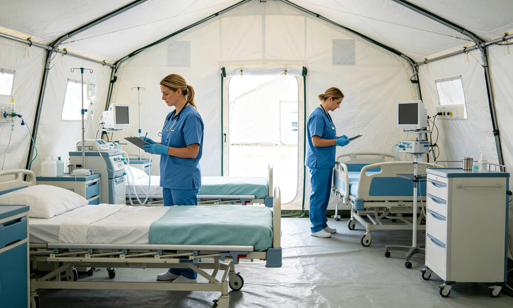 Field hospital medical emergency tent interior with patient beds, medical equipment and staff attending patients