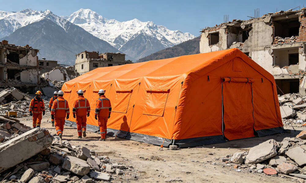 Earthquake disaster relief camp with emergency frame tents and displaced families receiving humanitarian aid