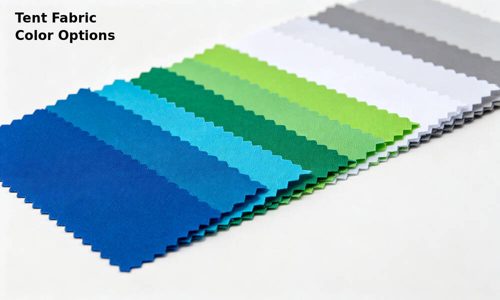 Emergency frame tent fabric color swatches showing blue, green, orange, white and camouflage options