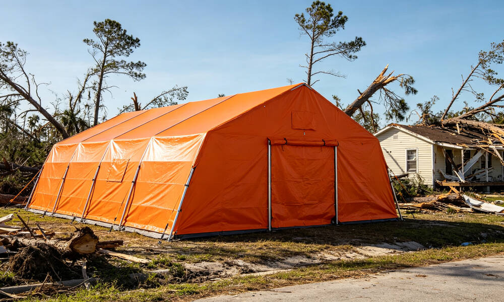 High visibility orange emergency frame tent for hurricane relief operations with heavy duty waterproof fabric