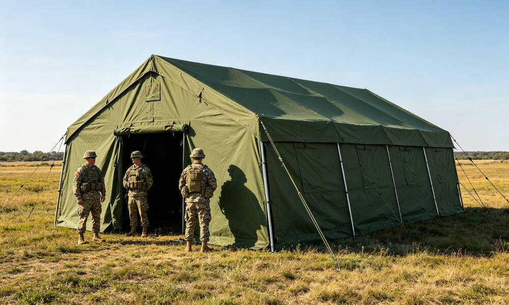Military field camp with rows of olive green emergency frame tents and soldiers conducting operations between tents
