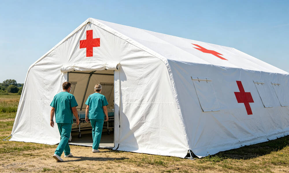 Medical red cross emergency tent for field hospital isolation and treatment with professional medical setup