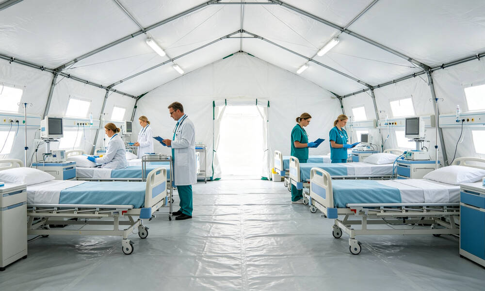 Medical emergency tent interior with doctors examining patients and organized medical equipment for field treatment