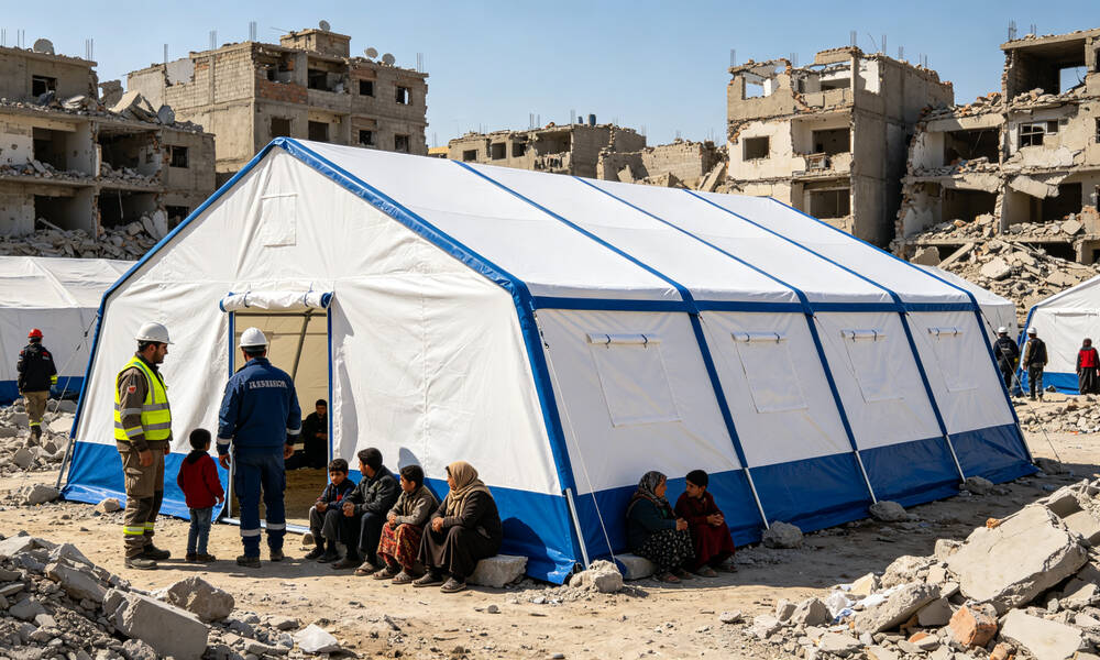 White and blue emergency frame tent at earthquake rescue site providing temporary shelter for displaced survivors