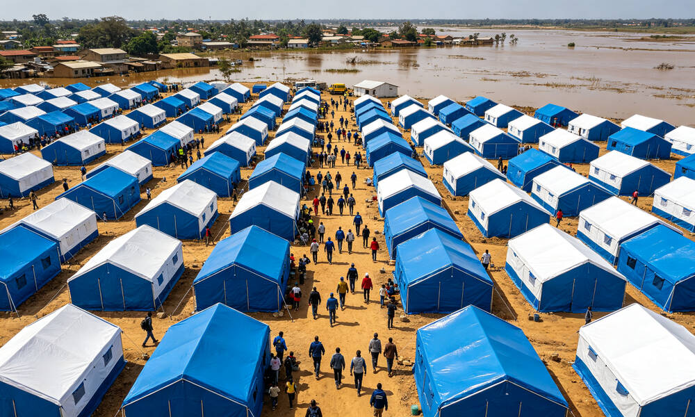 Blue emergency frame tent at flood disaster evacuation site providing temporary shelter for displaced families