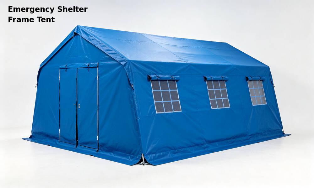 Blue emergency shelter frame tent product showcase on pure white background with smooth exterior and sturdy structure