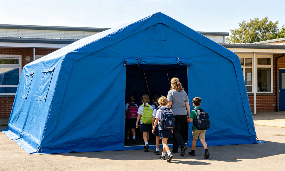 Temporary school inside emergency shelter frame tent with students at desks and teacher conducting class