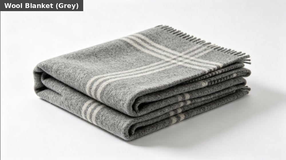 Field training supply image showing grey wool blanket white background for government training camps, duty rotations and bulk procurement planning