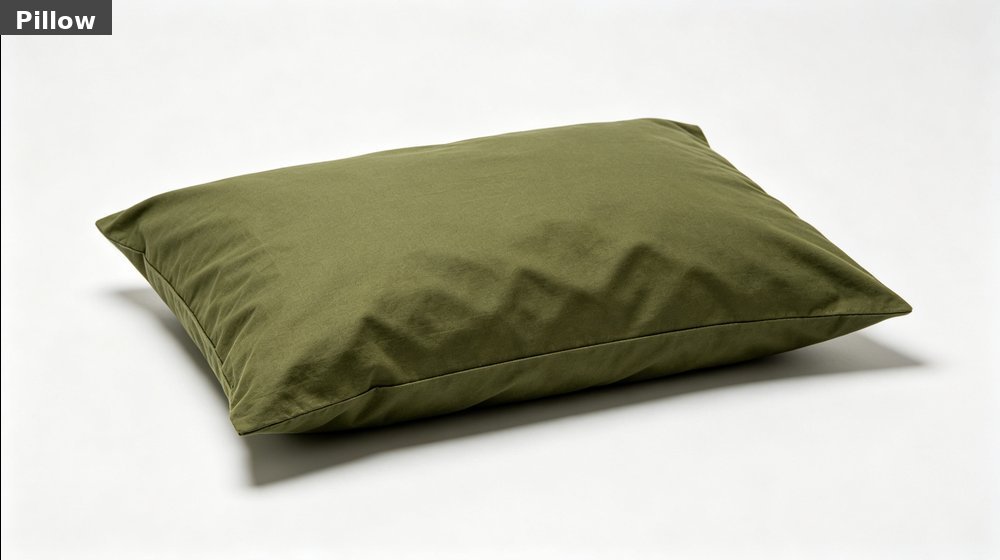Field training supply image showing olive green pillow white background for government training camps, duty rotations and bulk procurement planning