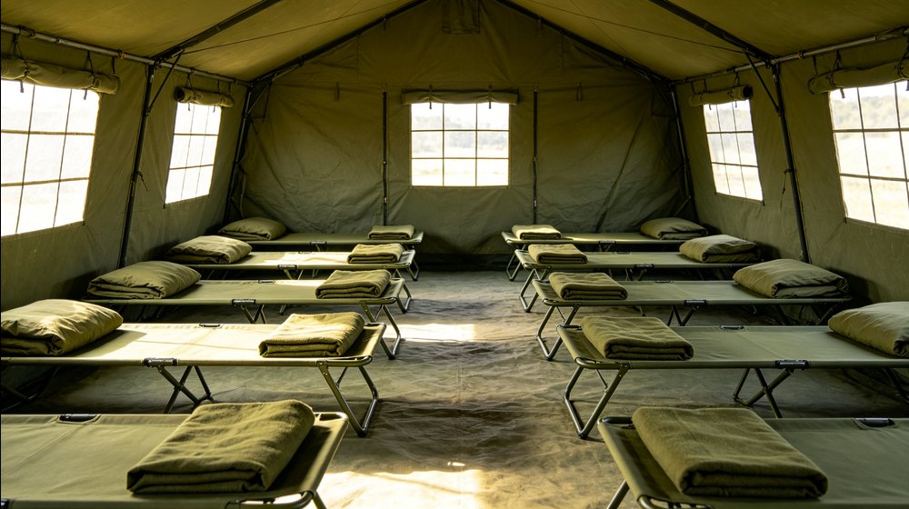 Field training supply image showing military camp bedding scene for government training camps, duty rotations and bulk procurement planning