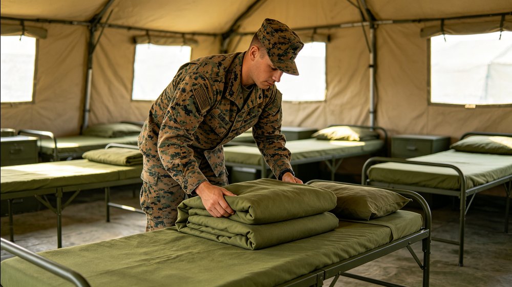 Field training supply image showing soldier making bed scene for government training camps, duty rotations and bulk procurement planning
