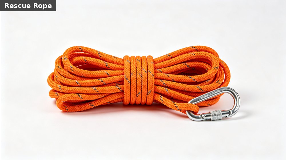 Field training supply image showing static rescue rope orange carabiner white background for government training camps, duty rotations and bulk procurement planning