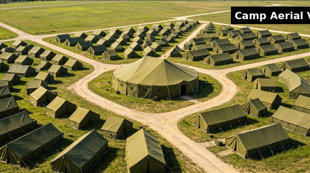 Field training supply image showing aerial view field training camp tents for government training camps, duty rotations and bulk procurement planns and bulk procurement planning