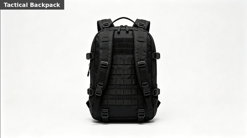 Field training supply image showing black tactical backpack molle white background for government training camps, duty rotations and bulk procurement planning