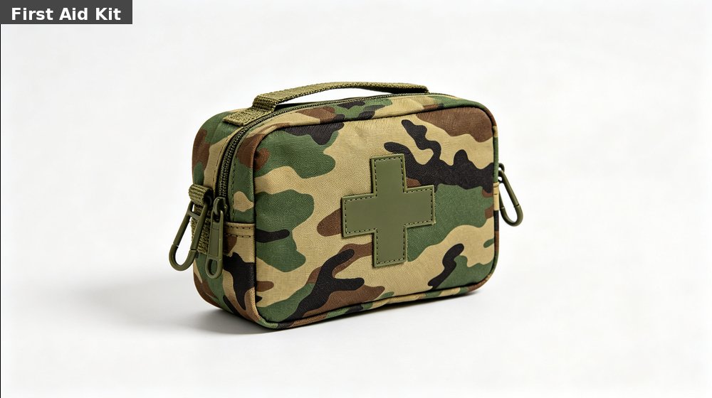 Field training supply image showing camouflage tactical first aid kit white background for government training camps, duty rotations and bulk procurement planning