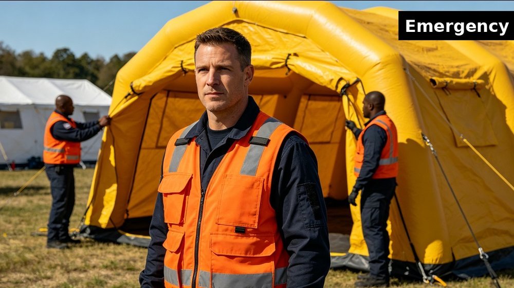 Field training supply image showing emergency response drill inflatable tent for government training camps, duty rotations and bulk procurement planning