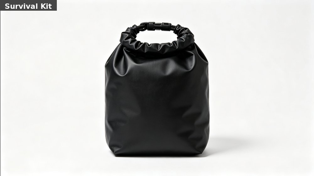 Field training supply image showing emergency survival kit black dry bag white background for government training camps, duty rotations and bulk procurement planning