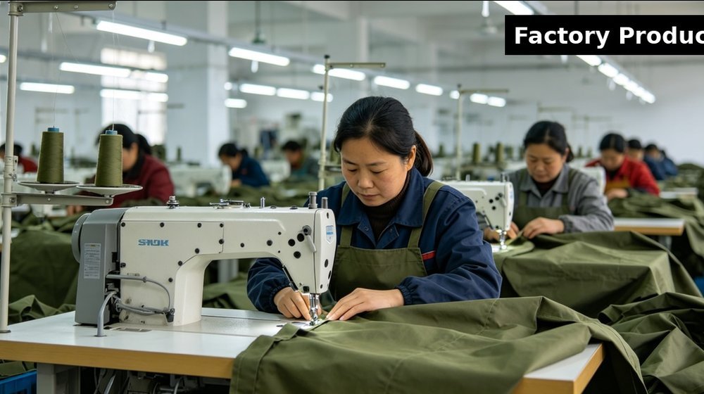 Field training supply image showing factory sewing tent fabric asian workers for government training camps, duty rotations and bulk procurement planning