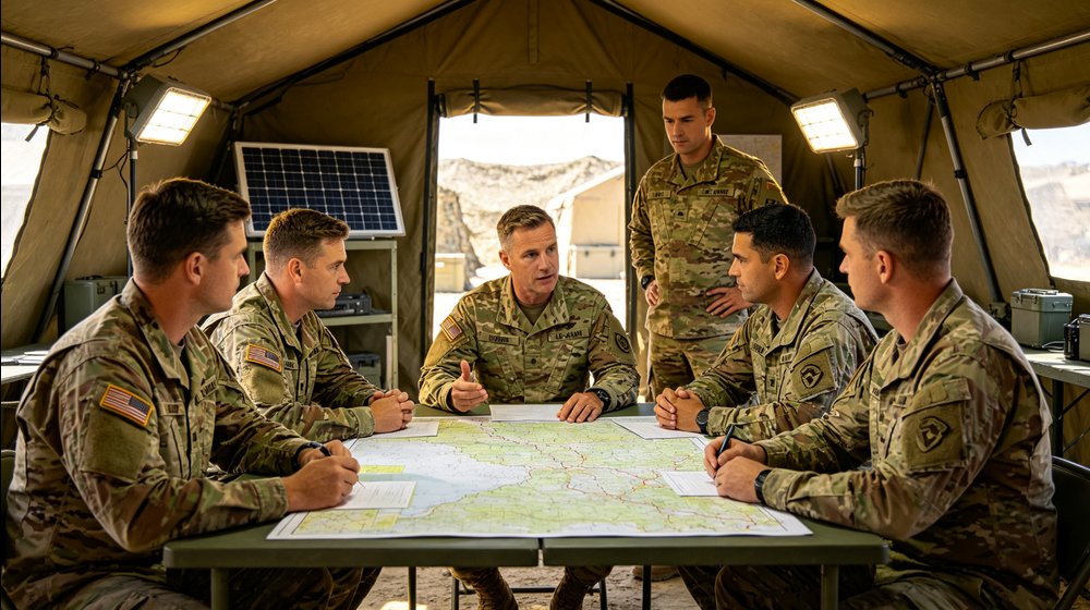 Field training supply image showing field training command tent briefing for government training camps, duty rotations and bulk procurement planning
