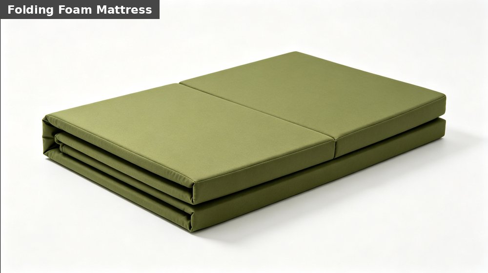 Field training supply image showing folding foam mattress olive white background for government training camps, duty rotations and bulk procurement planning