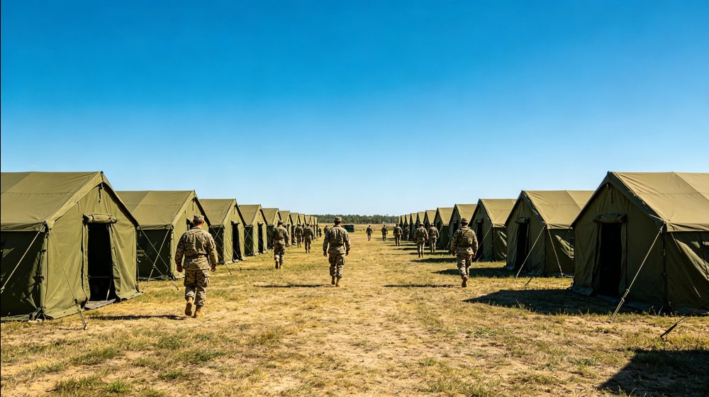 Field training supply image showing military field exercise camp olive tents for government training camps, duty rotations and bulk procurement planning