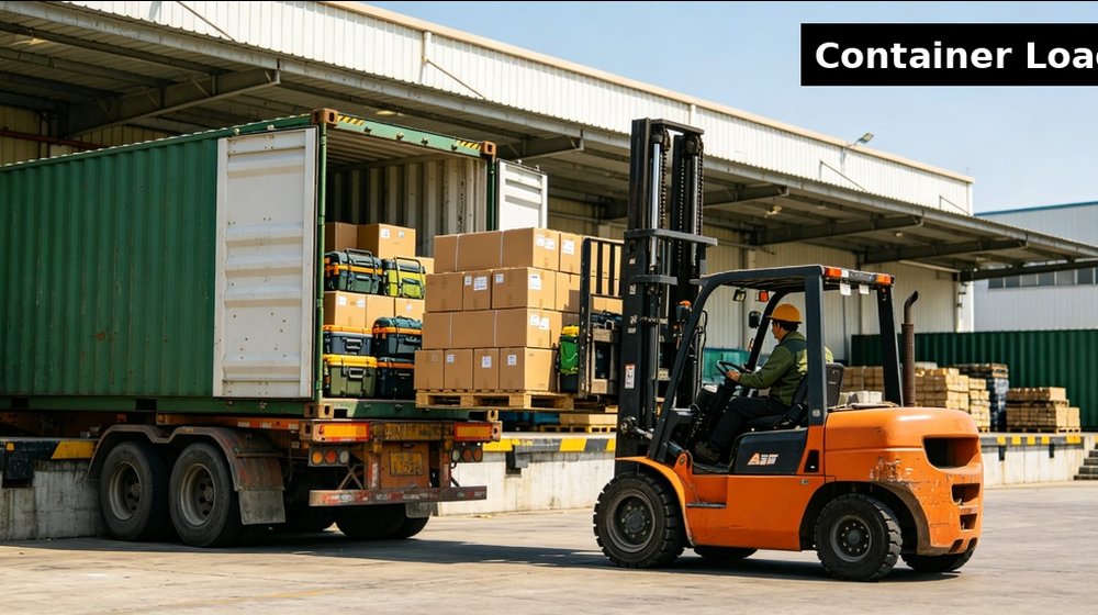 Field training supply image showing shipping container loading forklift dock for government training camps, duty rotations and bulk procurement planning