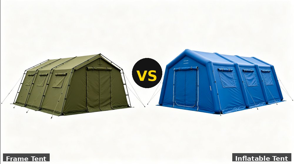 Field training supply image showing vs frame tent vs inflatable tent for government training camps, duty rotations and bulk procurement planning