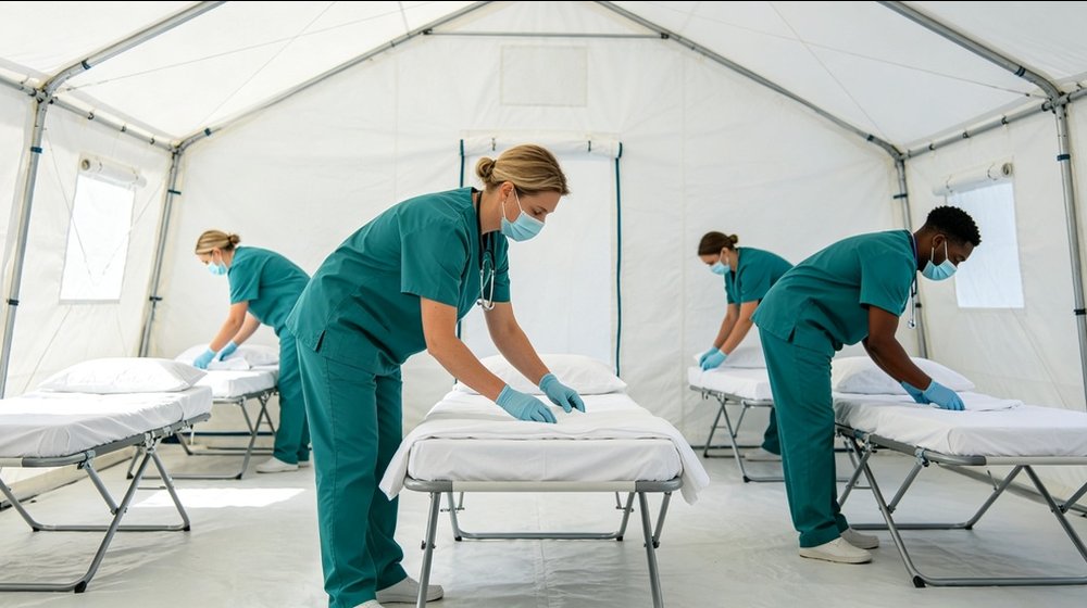 Hospital field medical supply image showing treatment area preparation scene for temporary clinics, disaster response and institutional procuremen