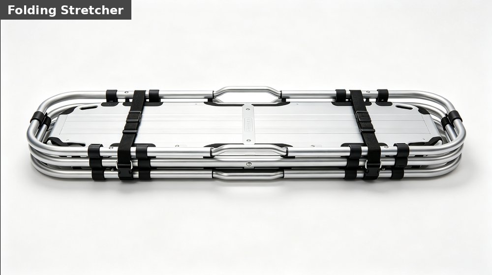 Hospital field medical supply image showing aluminum folding stretcher white background for temporary clinics, disaster response and institutional