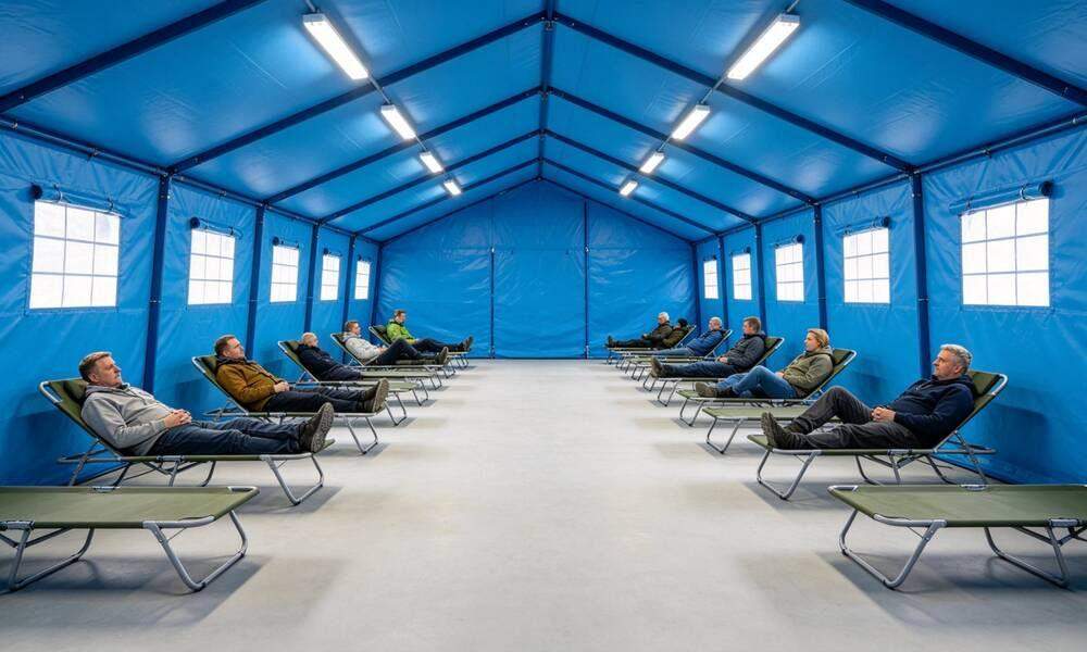 Frame tent interior with rows of folding cots and clear aisles for emergency shelter occupancy