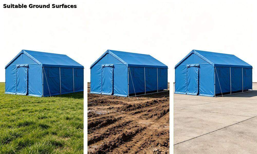 Comparison of emergency frame tent setup on three ground conditions: grass, muddy ground, concrete pavement