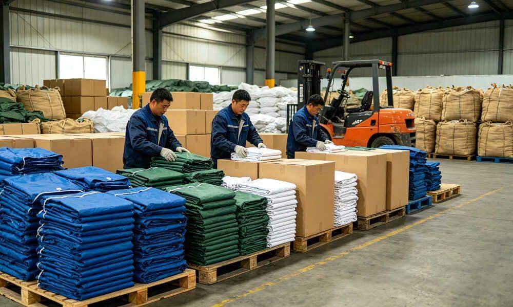 Loading folded emergency tent packages into shipping container for wholesale export delivery