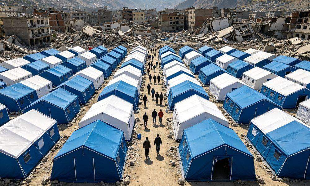 Earthquake disaster relief camp with blue emergency frame tents and displaced families in foreground