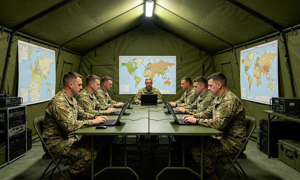 Interior of emergency frame tent used as command center with officers around table with maps and radios