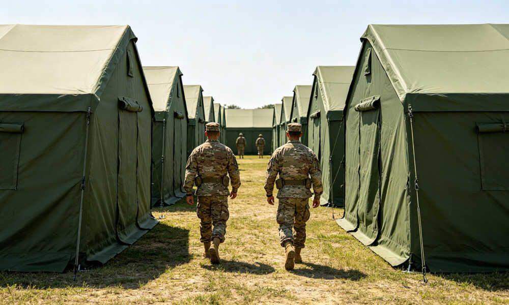 Military field camp with rows of olive green emergency frame tents and soldiers walking between tents