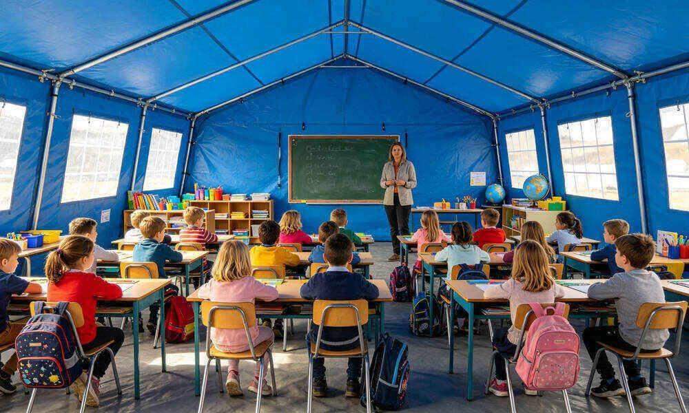 Temporary school inside emergency frame tent with children at desks and teacher at front classroom