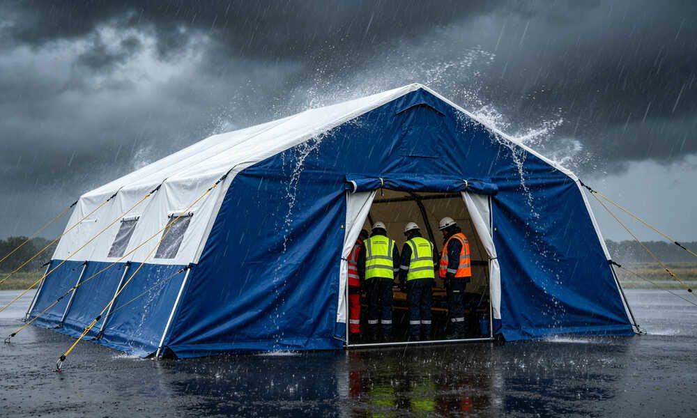 Emergency frame tent performing well in windy and rainy weather conditions showing weather resistance