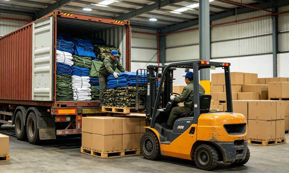 Emergency relief tents being loaded into shipping container for wholesale export to disaster zones