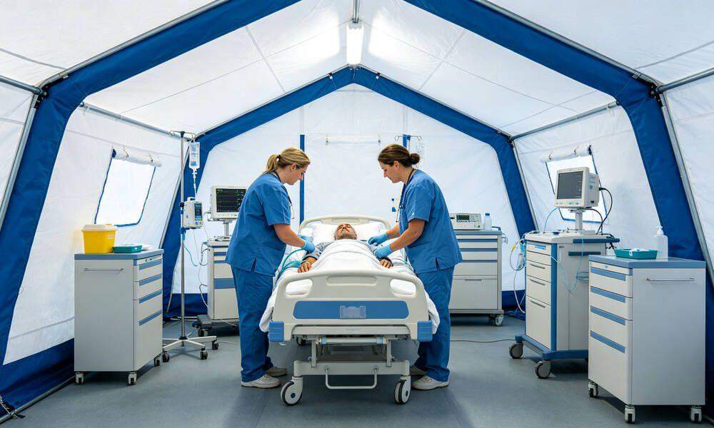 Field hospital medical emergency tent interior with beds, equipment and medical staff attending patients