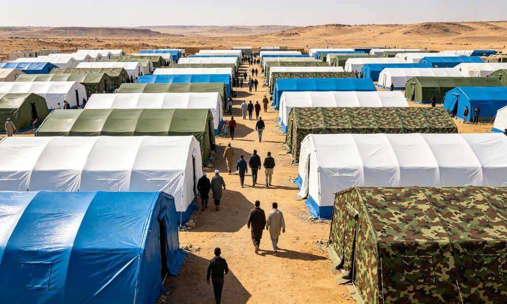 Wide panoramic view of organized disaster relief camp with rows of blue emergency frame tents on dry ground