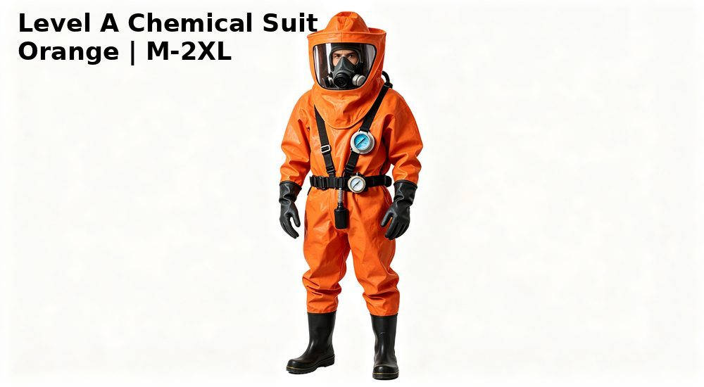 Orange Level A fully encapsulated chemical protective suit with visor and gloves, hazmat PPE