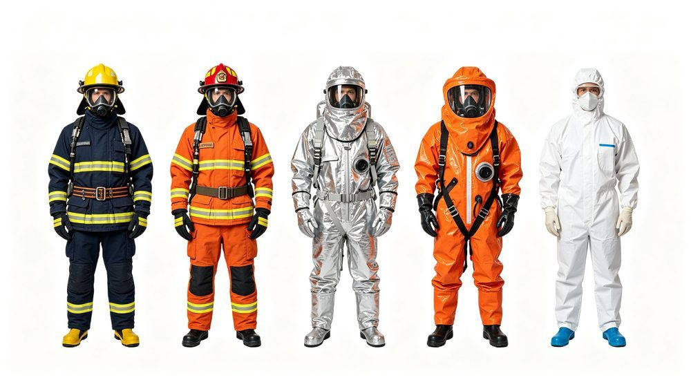 Hero image of five protective suit types combined: firefighter, wildland, proximity, chemical and medical suits