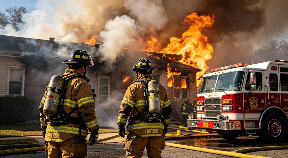 Firefighters in structural protective suits at emergency scene, PPE clothing application example Firefighters in structural protective suits at emergency scene, PPE clothing application example