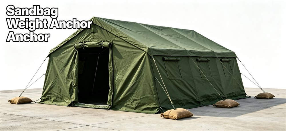Green relief tent on concrete with sandbag weights Green relief tent on concrete with sandbag weights