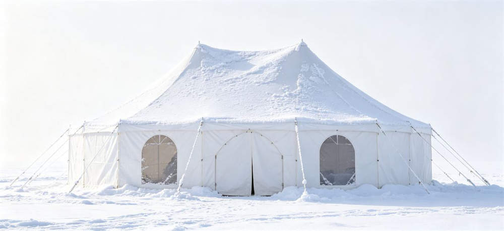 Relief tent in snowy winter with snow accumulation on roof