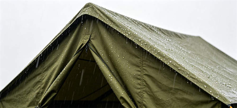 Relief tent in rainy weather with water droplets on waterproof fabric