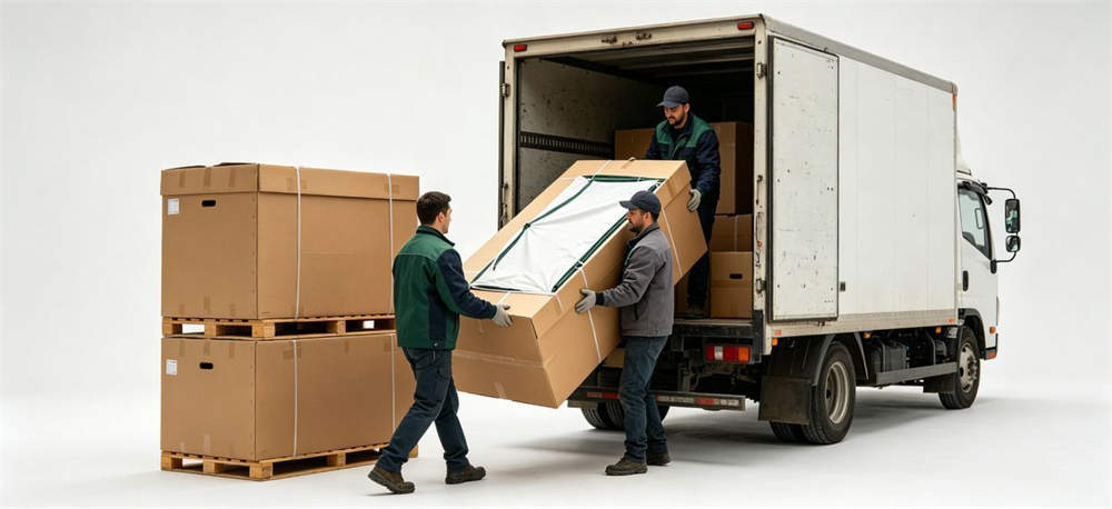 Workers carrying tent components in cardboard cartons Workers carrying tent components in cardboard cartons