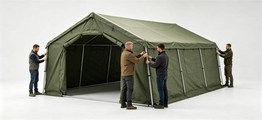 Team of workers assembling frame relief tent connecting steel poles
